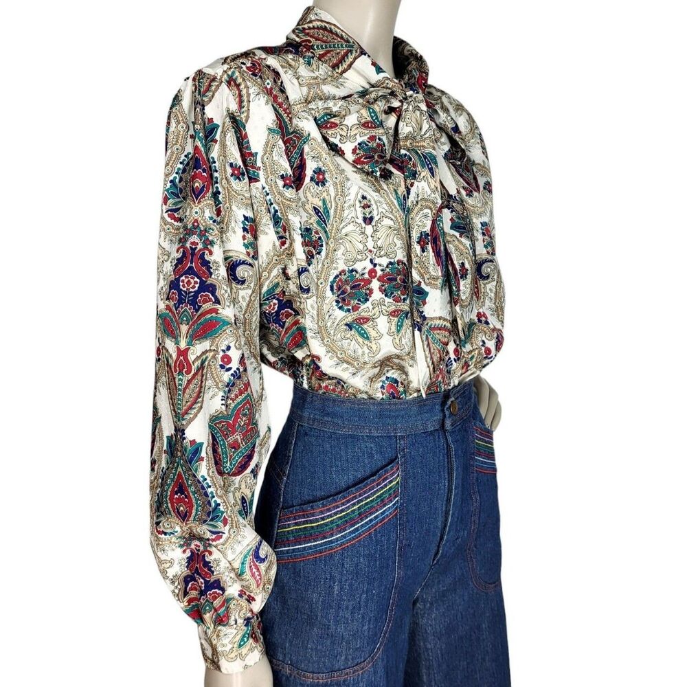 Vintage Satin Paisley Neck Bow Puffed Balloon Sleeve Button-Down Blouse M/L